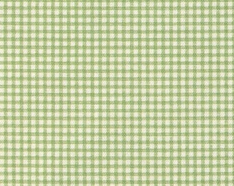 May include: Close-up of a fabric with a green and white gingham pattern. The fabric has a woven texture and a repeating square design. The color scheme is a light green and white, creating a classic, country-style aesthetic. This fabric is suitable for various sewing projects.