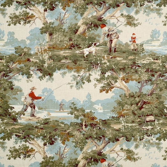 Shower Curtain in Avondale Vintage Sportsman Toile Hunting, Fishing 