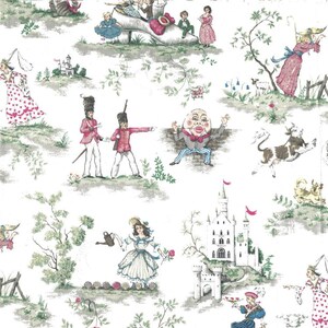 May include: A whimsical toile fabric featuring a repeating pattern of fairytale scenes. The design includes illustrations of castles, soldiers, Humpty Dumpty, and other storybook characters in shades of pink, green, and white.