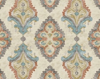 Fabric Cut Yardage in Queen Tuscan Blue and Coral Medallion Watercolor- Large Scale
