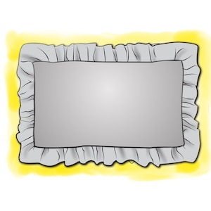 May include: A gray pillow with a ruffled edge, set against a yellow watercolor background.