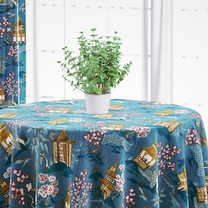 Round Tablecloth in Shoji Azure Blue Oriental Toile, Multicolor Chinoiserie