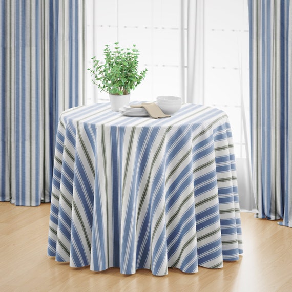 Antique Blue, Stripe White Blue Green, Round in Tablecloth Newbury