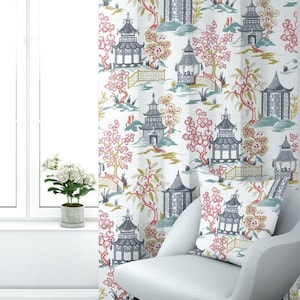 Pinch Pleated Curtain Panels Pair in Shoji Summer Oriental Toile, Multicolor Chinoiserie