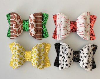 Sports hair bows, soccer bow, football bow, softball bow, baseball bow, sports faux leather bows for girls, hair bows for girls, team bows