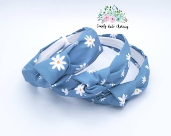 Daisy knotted headband, boho daisy headband, headband for girls, flower headband, mom and me headband, spring flower headband, blue headband
