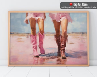 Retro Wall Art, Girls Pink Cowboy Boots, Vintage Western Art Print.