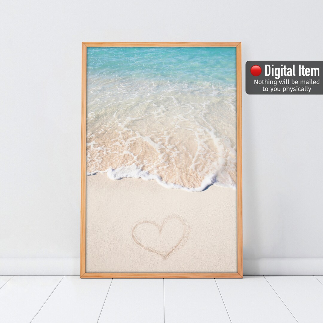 Ocean Wave Print, Heart on the Sand, Love Beach Wall Art, Coastal ...