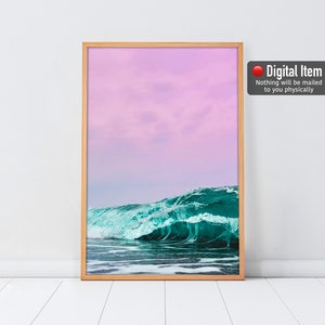 Impresión de onda rosa, cartel del océano rosa, impresión del cielo rosa, arte de la pared rosa, impresión del cartel de las olas, decoración costera, cartel digital, impresión del mar, arte de la playa.