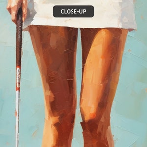 May include: Close-up of a woman's legs in a white skirt, holding a golf club with a red stripe. The background is a light blue.
