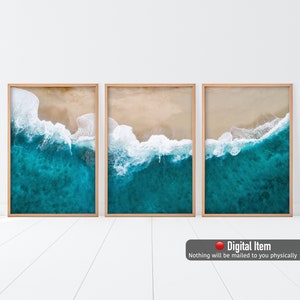 Conjunto de 3 impresiones de playa aérea, decoración de pared aérea del océano, conjunto de 3 pósteres, playa salvaje y vacía, arte mural grande, conjunto de impresiones costeras, impresiones digitales