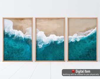 Aerial Beach Set of 3 prints, Aerial Ocean Wall Decor, Set of 3 posters, Wild Empty Beach, Large Wall Art, Coastal Print Set, Digital Prints