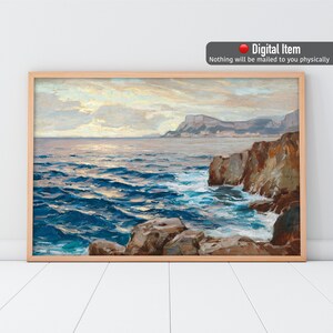 Impresión de paisaje marino vintage, pintura al óleo de olas del océano, arte de pared imprimible, impresión de arte retro, póster del océano azul, arte vintage de Mónaco.