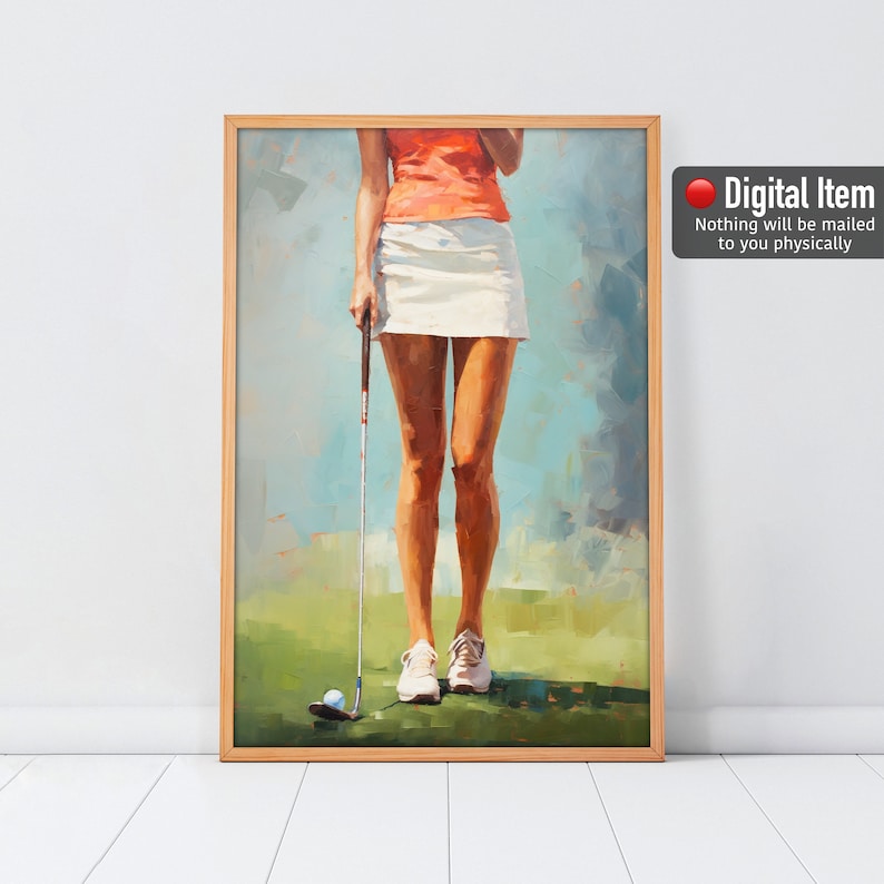 May include: A painting of a woman in a white skirt and orange shirt holding a golf club. She is standing on a green golf course with a blue sky in the background.