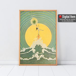 Greif nach dem Mond Vintage Druck, druckbares Retro Poster, digitaler Download Kunst, Art Deco Mond. Fee Vintage Druck. Goldener Fisch Kunstdruck.
