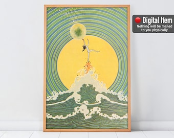 Reach for the moon vintage print, Printable Retro Poster, digital download art, Art Deco Moon. Fairy Vintage Print. Golden Fish Art Print.