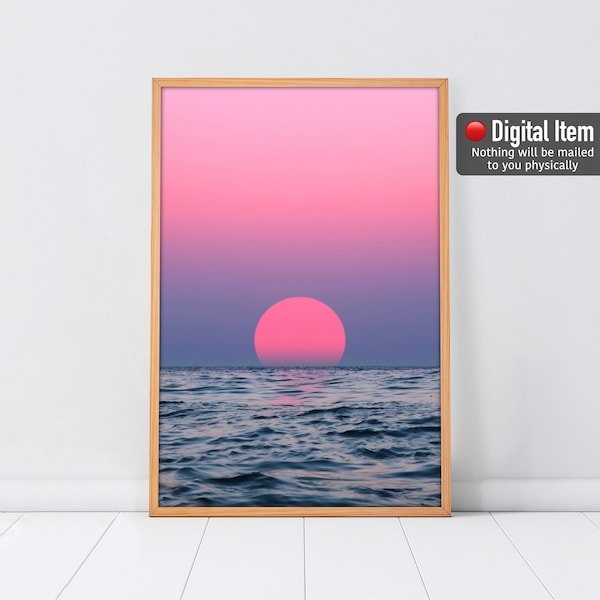 Purple Sunset Poster, Ocean Waves Photo, Sun Print, Sea Printable, Pink Wall Decor, Purple Wall Art, Minimalist Art, Ocean Sea Print, Sunset