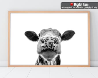 Cow Print, Black and White Cow Poster, Cow Portrait, Digital Wall Art, Farmhouse Wall Decor.