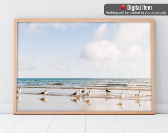 Seagulls Beach Photography Print: Coastal Pastel Wall Art (Digital Download)