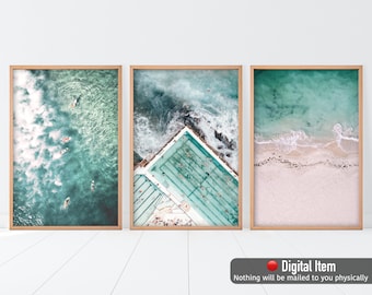 Conjunto de impresiones de playa de 3, fotografía aérea de playa, arte de la pared de la playa de Bondi, decoración de la pared del océano turquesa, arte de la pared de la tabla de surf, grandes impresiones costeras.