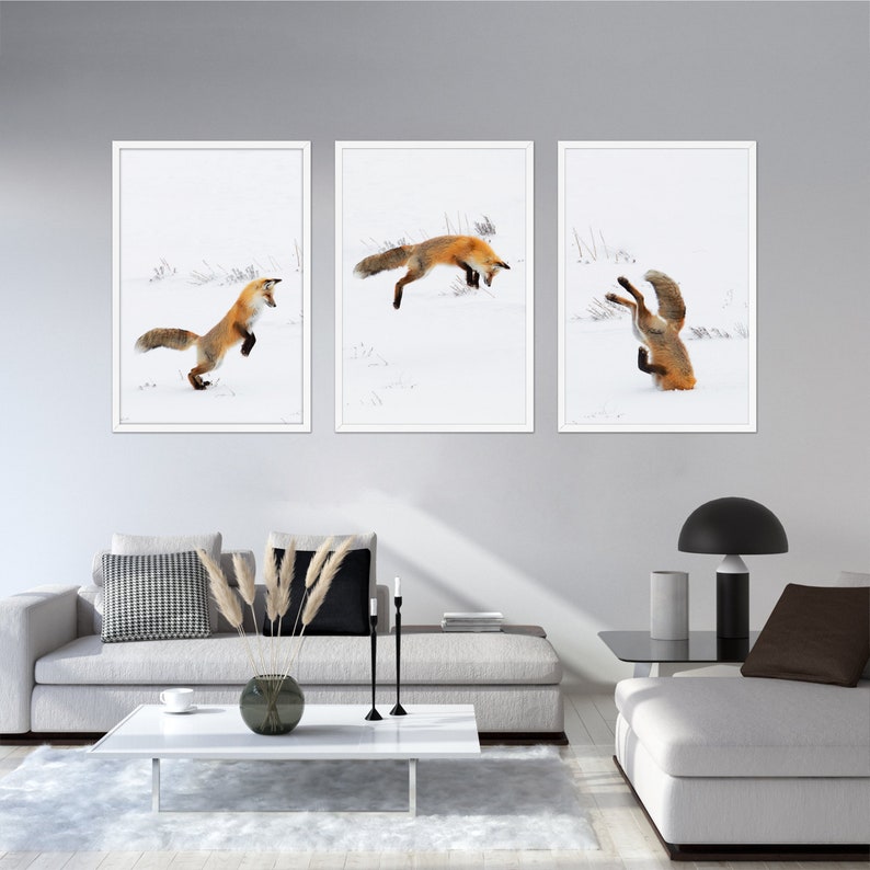 Red Fox Print Set of 3, Jumping Fox Poster, 3 Pieces Animal Decor, Fox in Snow Photo, Set of Three Print, Nursery Print Set, Animals Canvas image 4