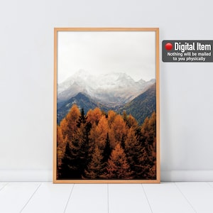 Herbst Bäume Druck, Herbst Nebligen Wald Poster, Neblige Wandkunst, Orange Herbst Baum, Berge Poster, Natur Wanddekoration, Rustikales Dekor, Herbst.