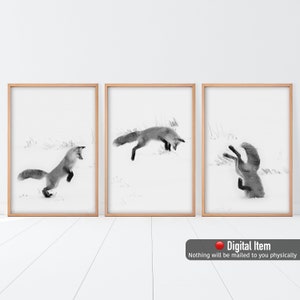 Jumping Fox Print Set of 3, Set of three Prints, Fox Nursery Wall Art Set, Black White Poster, Funny Fox Print, Fox Jumps In Snow, Fox Art.