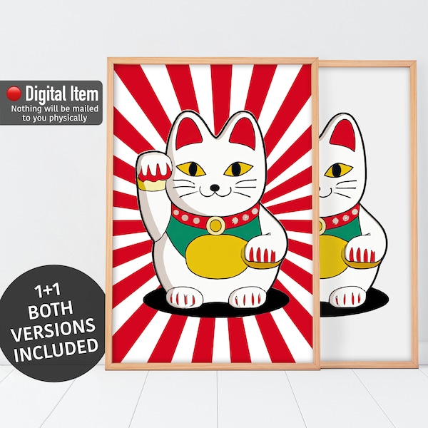 Maneki Neko print, Japan Lucky Cat kunst aan de muur, afdrukbare kat poster, wenkende witte kat. Digitale muurkunst.