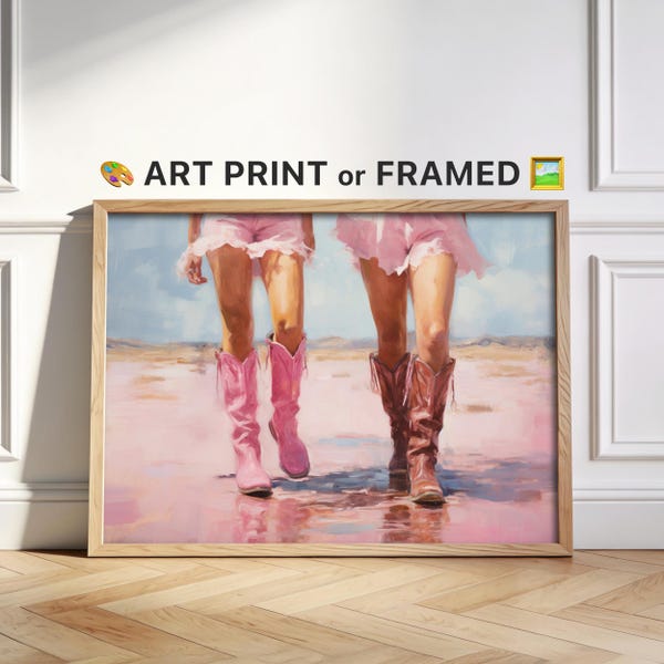 Pink Cowgirl Boots Vintage Painting, Girly Western Wall Art, Coastal Cowgirl Art Print or Framed, Above Bed Girls Room Decor, Gift For Her