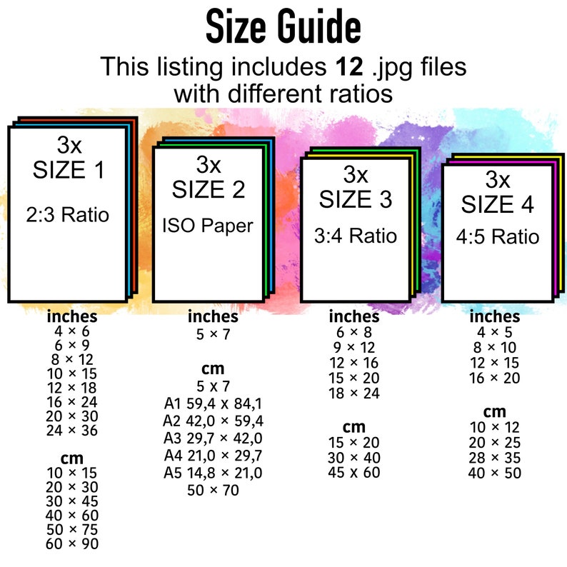 May include: A size guide for digital downloads of images in various aspect ratios. The guide shows the dimensions in inches and centimeters for each size. The sizes are labeled 3x Size 1, 3x Size 2, 3x Size 3, and 3x Size 4.