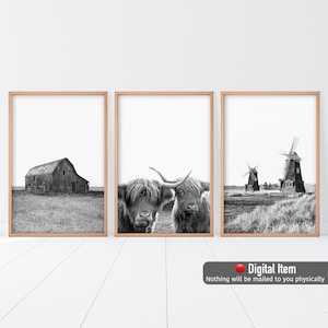 Set of 3 Prints, Farmhouse Decor, Black White Print Set, Farmhouse Poster Set, Highland Cow, Windmill Old Barn, Farm Three Prints, Rustic