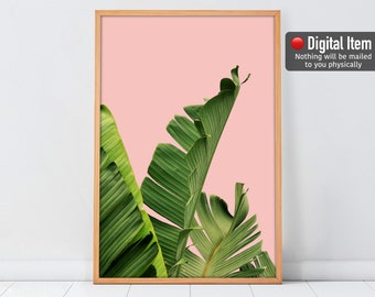 Banana Leaf Print: Tropical Green Leaves, Pink Art (Digital Download)