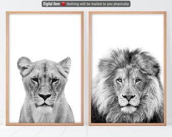 Lion & Lioness Black and White Print Set of 2, Lion Print, Set of 2 Prints, Nursery Decor, Animals Wall Decor, Kids Room Decor, Lion Poster.
