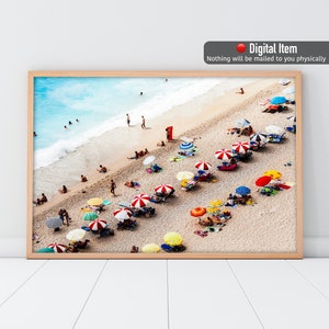 Umbrellas Beach Photography, Aerial Beach Print, Coastal Wall Decor, Printable Wall Art.