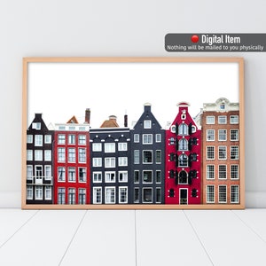 Amsterdam House Print, Amsterdam Landscape Poster, Architecture Wall Art, Black and Red Amsterdam Houses, Netherlands Art Print, Modern art.