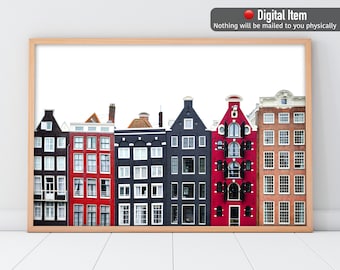 Amsterdam House Print, Amsterdam Landscape Poster, Architecture Wall Art, Black and Red Amsterdam Houses, Netherlands Art Print, Modern art.