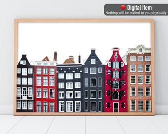 Stampa di case di Amsterdam: architettura nera e rossa (download digitale)