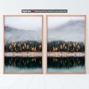 Herbstwald Print-Set, 2 Stück Herbstwald Poster, Walddruck, Landschaft Wanddekor, Digitaldruck Set, Nebliger Wald Druck, Nebel
