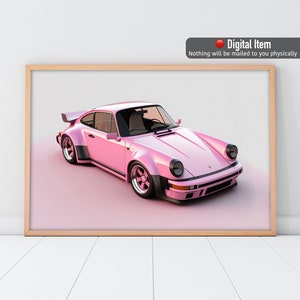 Poster voiture Porsche rose, art mural 911 Turbo, impression voiture or rose, décoration murale tons pastel. Art mural voiture imprimable.