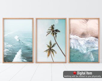 Impresiones de playa, juego de 3 obras de arte de pared de surf, juego de tres impresiones, decoración de pared de palmeras, póster de playa aérea, juego de 3 impresiones de arte de pared costero.