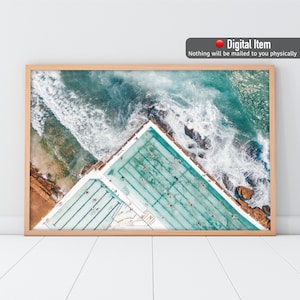 Bondi Beach Print, Luft Strand Fotografie, Bondi Eisberge Landschaft Poster, Türkisfarbenes Wasser, Meeresluftbild, Küstenwanddekor.