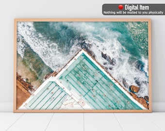 Bondi Beach Print, Aerial Beach Photography, Bondi Icebergs Landscape Poster, Turquoise Water, Aerial Ocean Wall Art, Coastal Wall Decor.