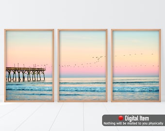 Beach Pier Pink Sunset Poster - Flying Birds Large Coastal Wall Posters - Wall Artwork Decor - Room Wall Art Decorative Posters - Gift Ideas