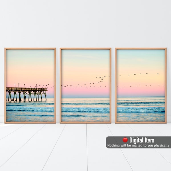 Beach Pier Pink Sunset Poster - Flying Birds Large Coastal Wall Posters - Wall Artwork Decor - Room Wall Art Decorative Posters - Gift Ideas