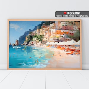 ポジターノの油絵、イタリアのビーチの壁アート、アマルフィ海岸の印刷可能なポスター。