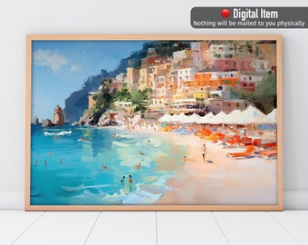 Positano Oil Painting, Italy Beach Wall Art, Amalfi Coast Poster Printable.