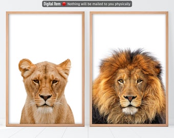 Lion & Lioness Print Set: Nursery Animal Wall Art (Digital Download)