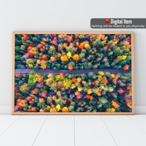 Impresión aérea de árboles de otoño, arte de la pared de otoño, cartel de otoño, carretera aérea imprimible. Descarga digital. Decoración grande de la pared de otoño, bosque de otoño imprimible