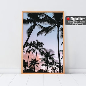 Palmen Druck, Kalifornien Wandkunst, lila Sonnenuntergang Fotografie, Los Angeles Vibes Druck, druckbare Wandkunst, moderne tropische Wandkunst.