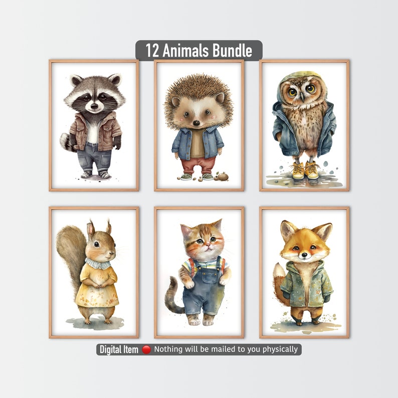 Cute Animals Wall Art Set 12 Nursery Prints Bundle Etsy